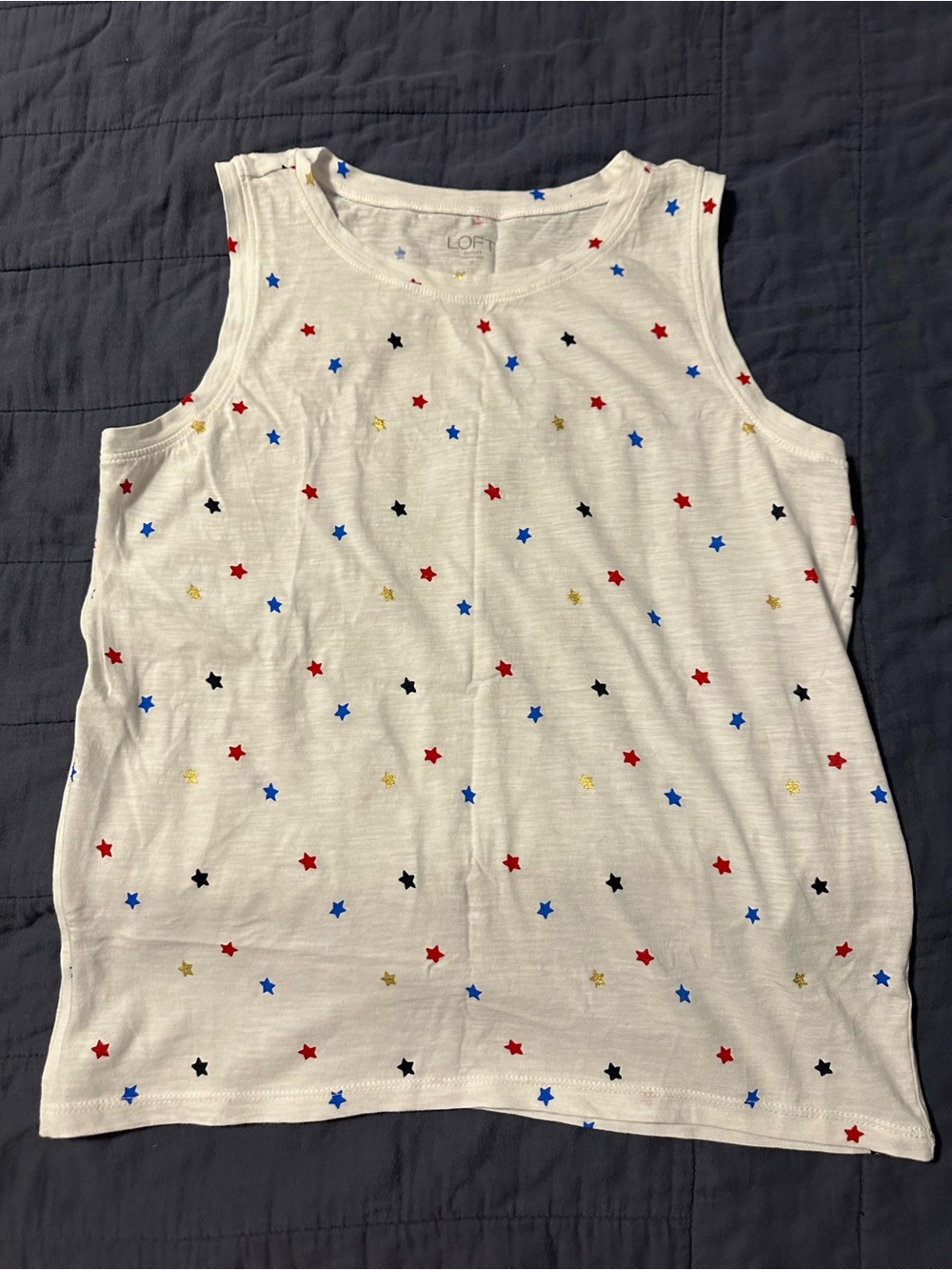 LOFT White Tank with Red, Blue, Black & Gold Star Print